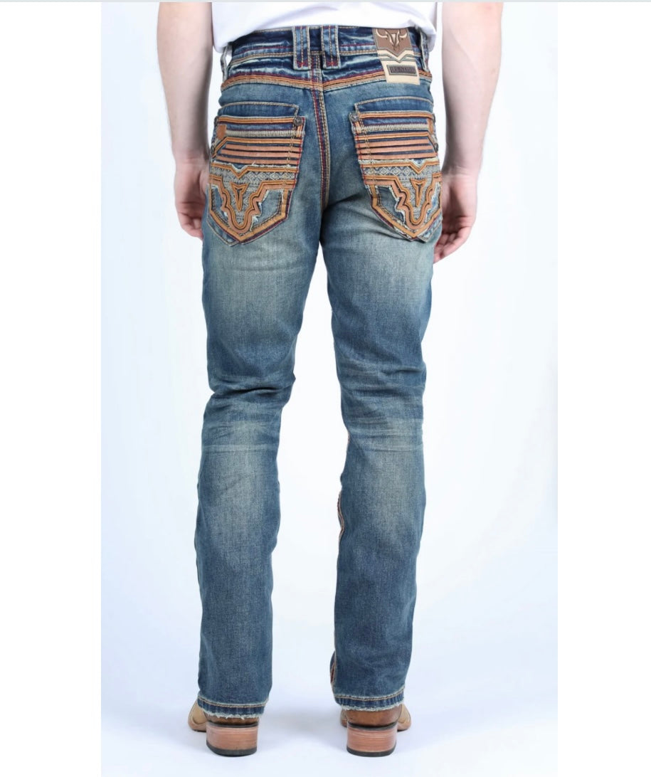 Platini Faded Blue Washed Embroidered Slim Boot-Cut Jeans