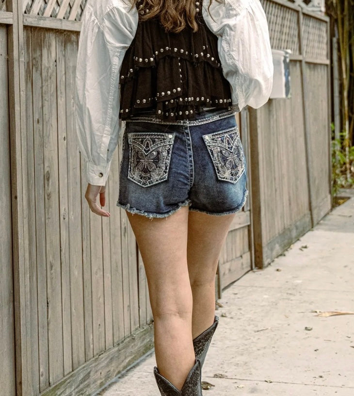 Western Blue Pink Embroidered Jean Shorts