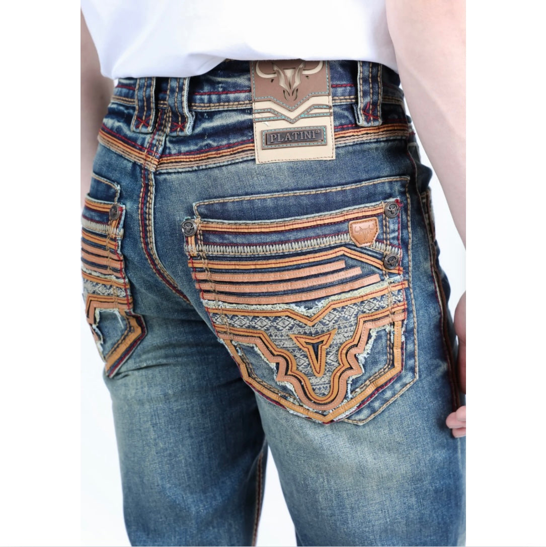 Platini Faded Blue Washed Embroidered Slim Boot-Cut Jeans