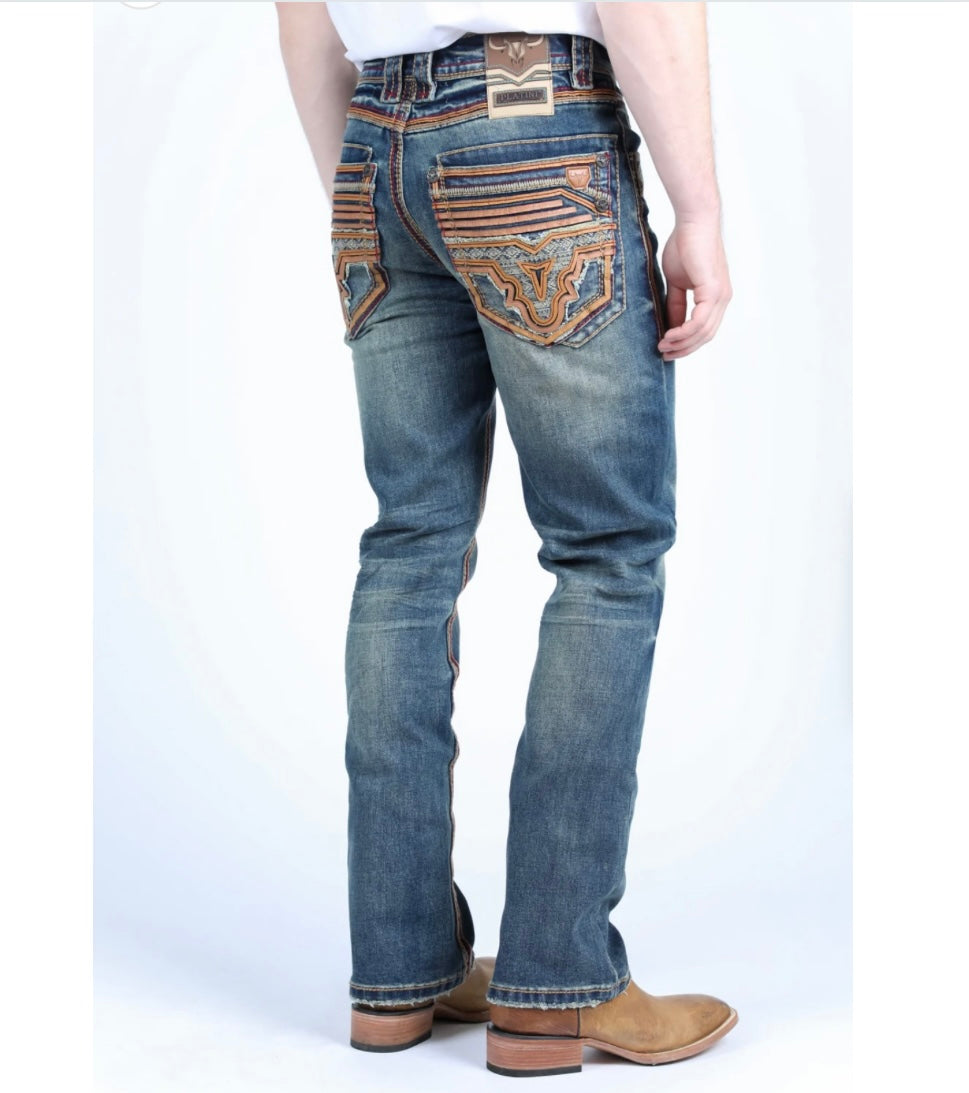 Platini Faded Blue Washed Embroidered Slim Boot-Cut Jeans