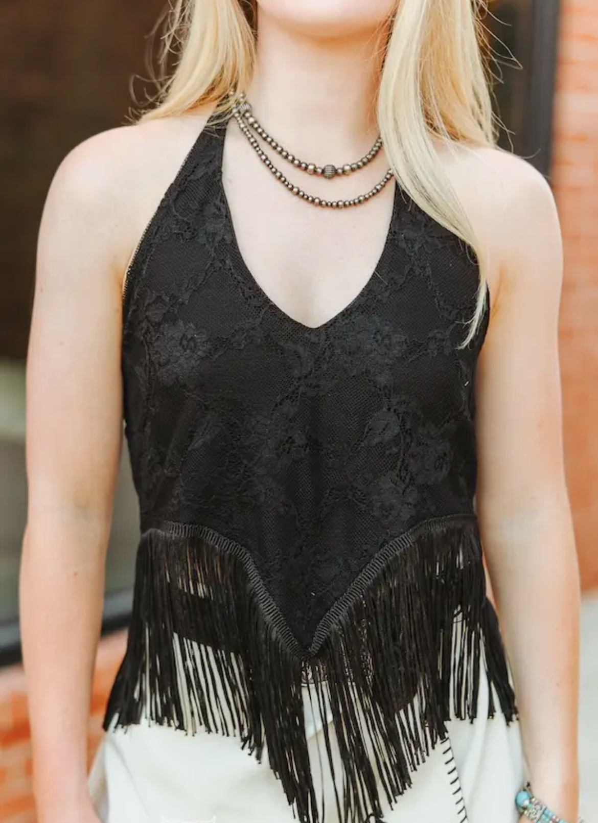 Black Lace Fringe Hem Halter Top