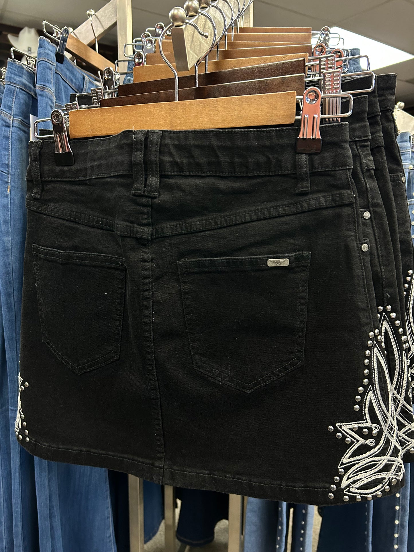 Black Denim Boot Stitch Embroidered Skirt
