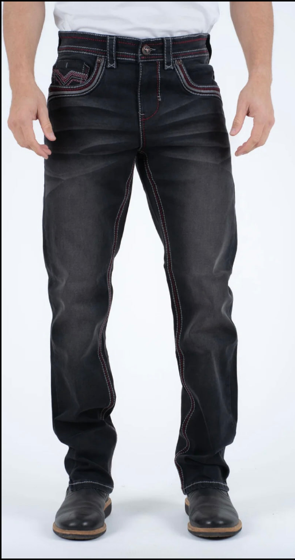 Faded Black with Red Trim Slim Bootcut Jeans