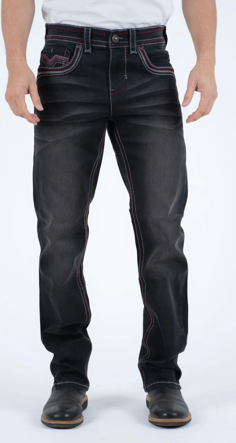 Platini Faded Black with Red Trim Slim Bootcut Jeans