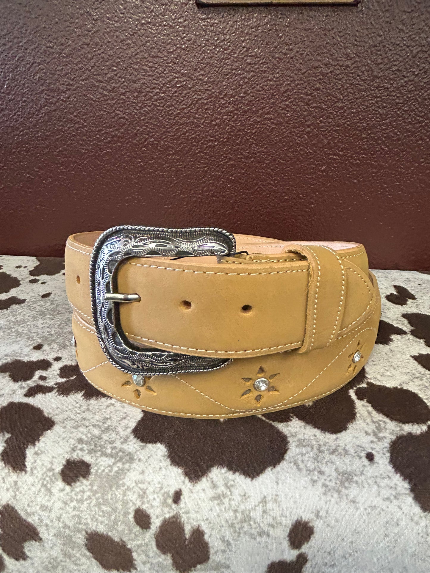 Women’s Tan Belt with Stone Flower Accents