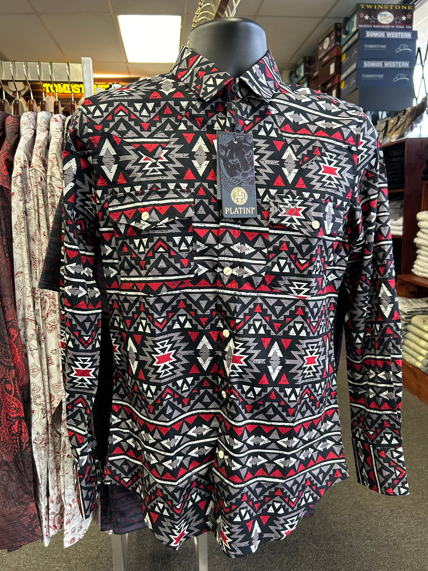 White and Red Aztec Print Dress Shirt