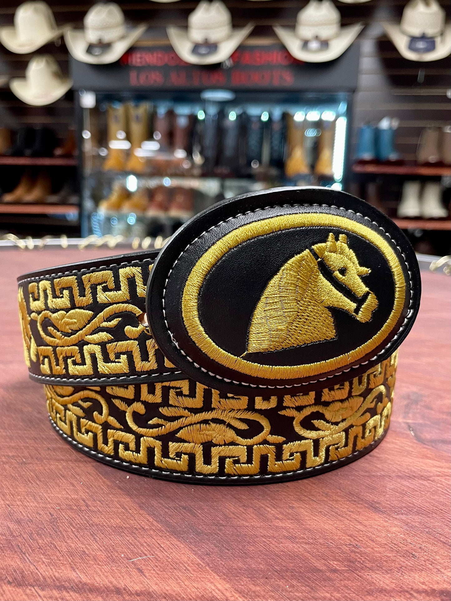 Yellow Embroidered Horse Head Black Belt
