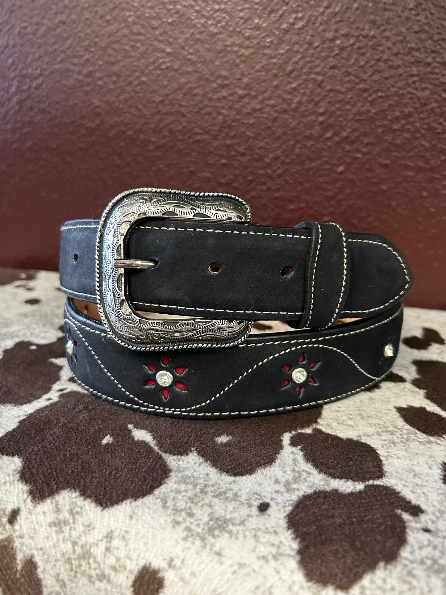 Women’s Black Belt with Red Flower Accents