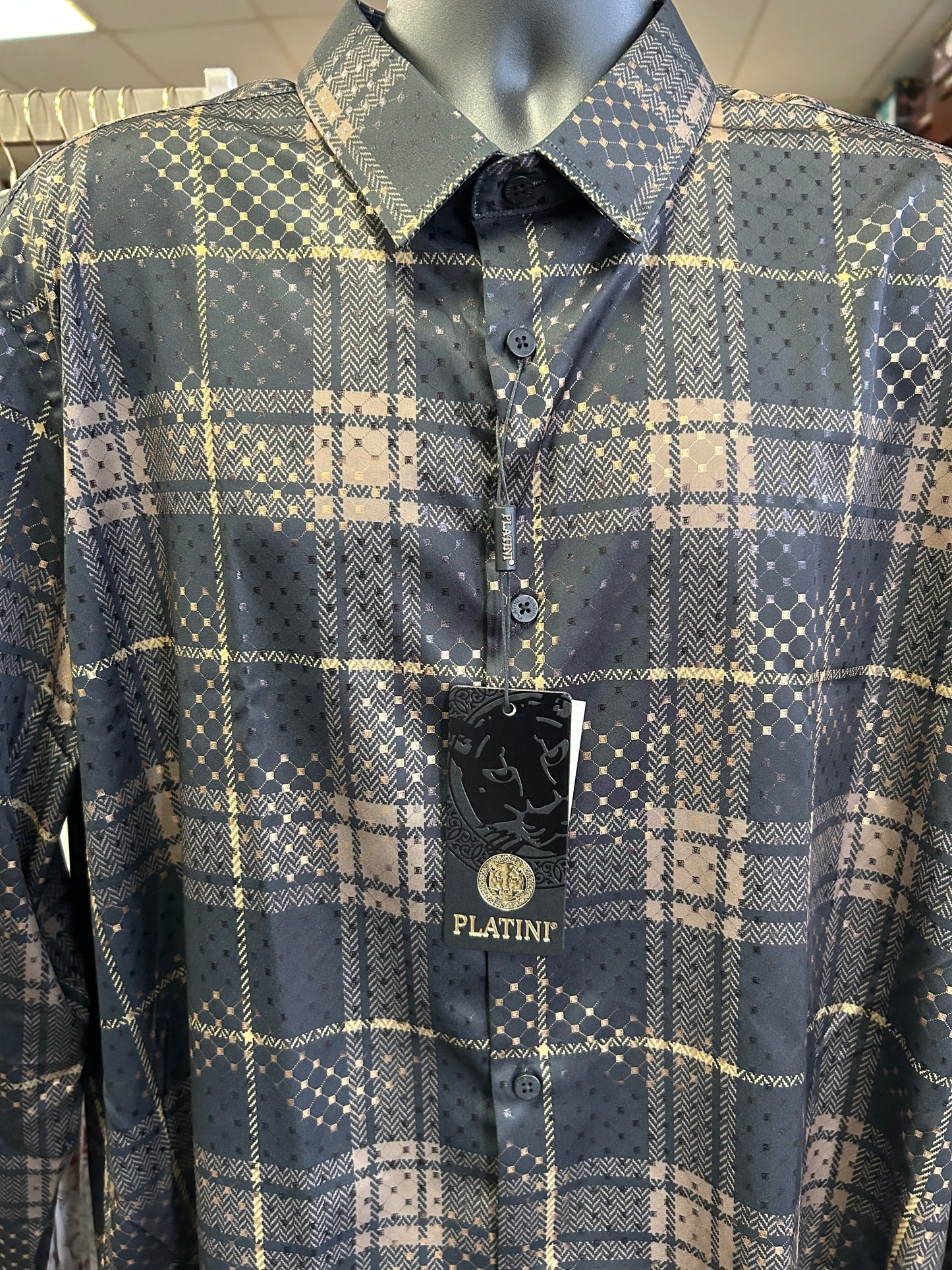 Black and Gold Checkered Dress Shirt