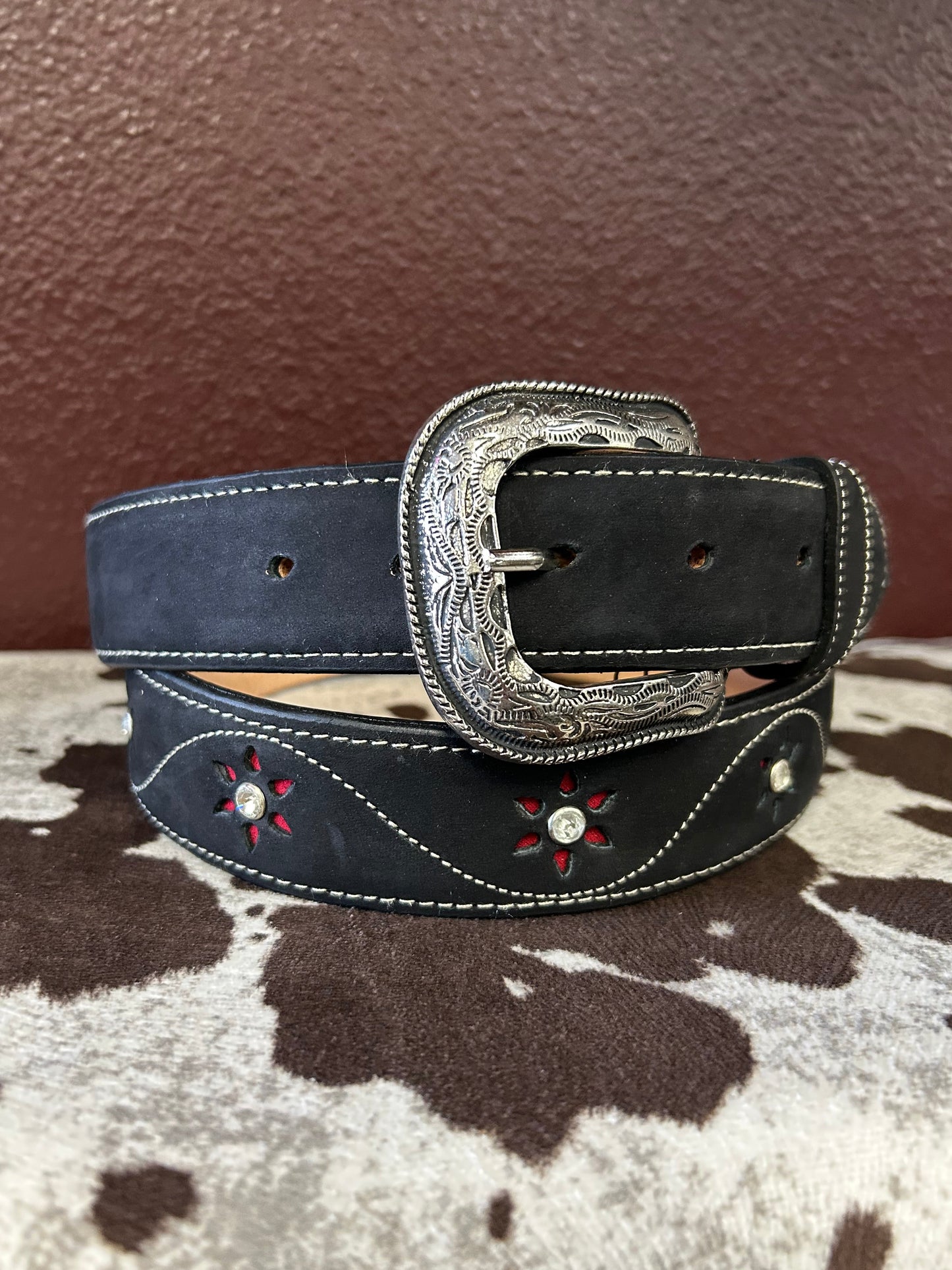 Women’s Black Belt with Red Flower Accents
