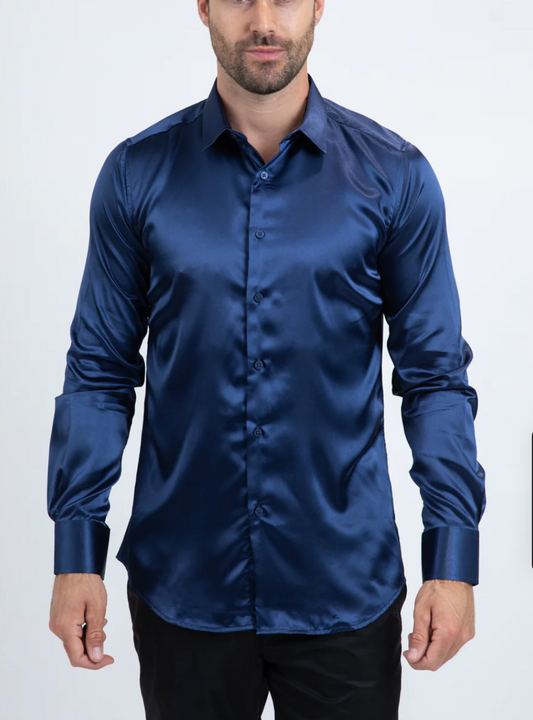 Navy Blue Satin Long Sleeve Shirt