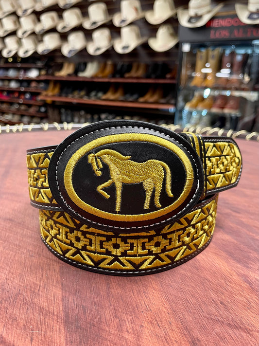 Yellow Embroidered Horse Black Belt