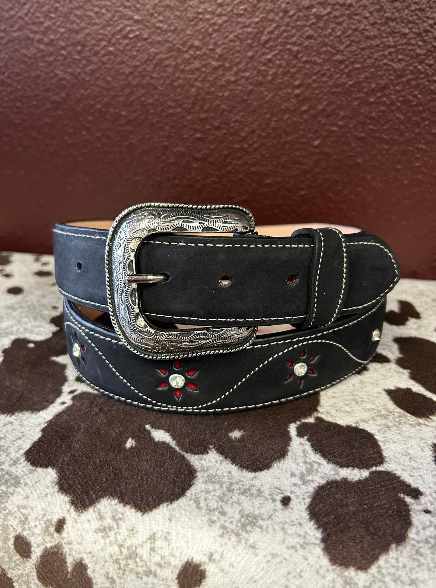 Women’s Black Belt with Red Flower Accents