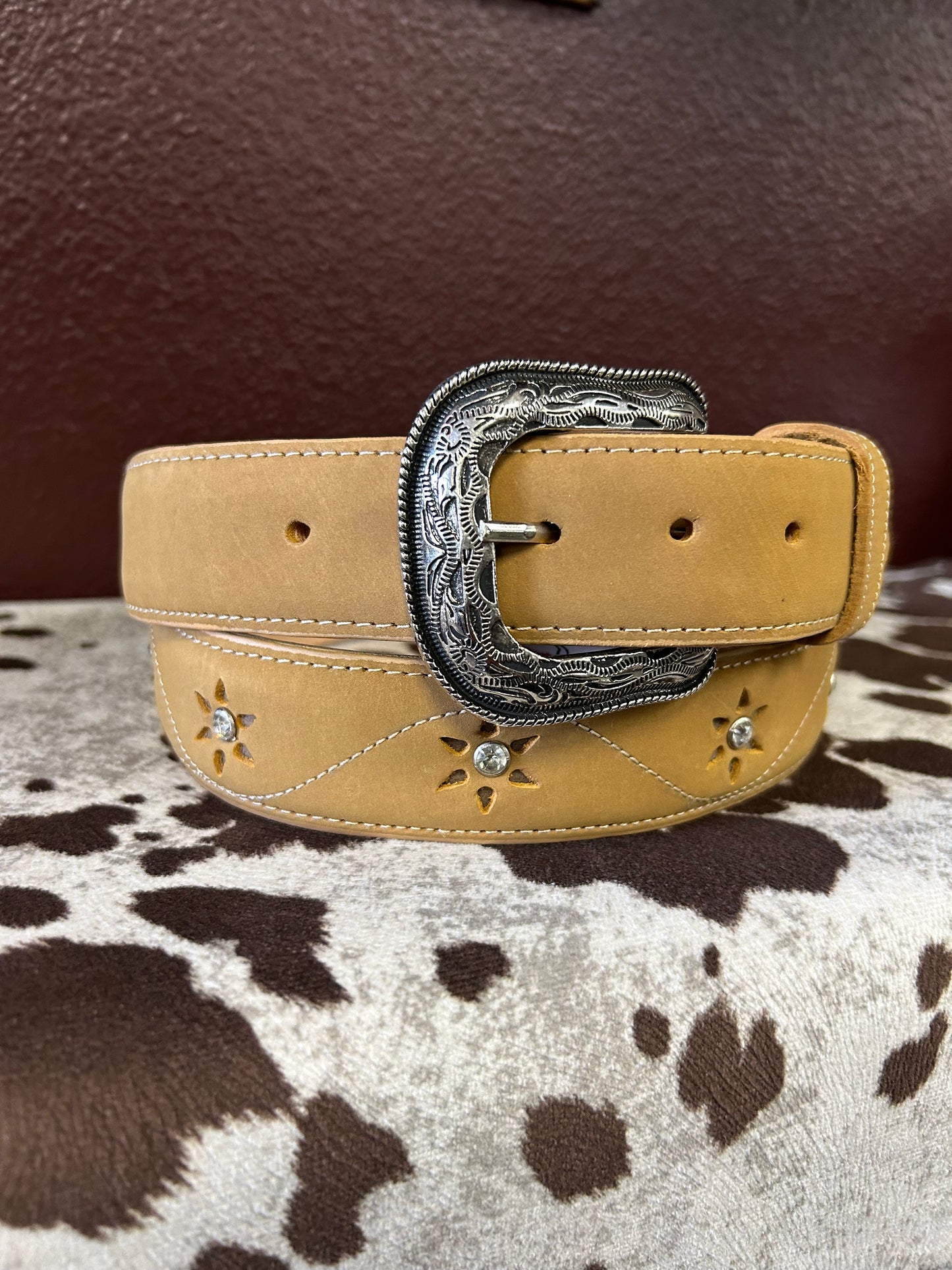 Women’s Tan Belt with Stone Flower Accents
