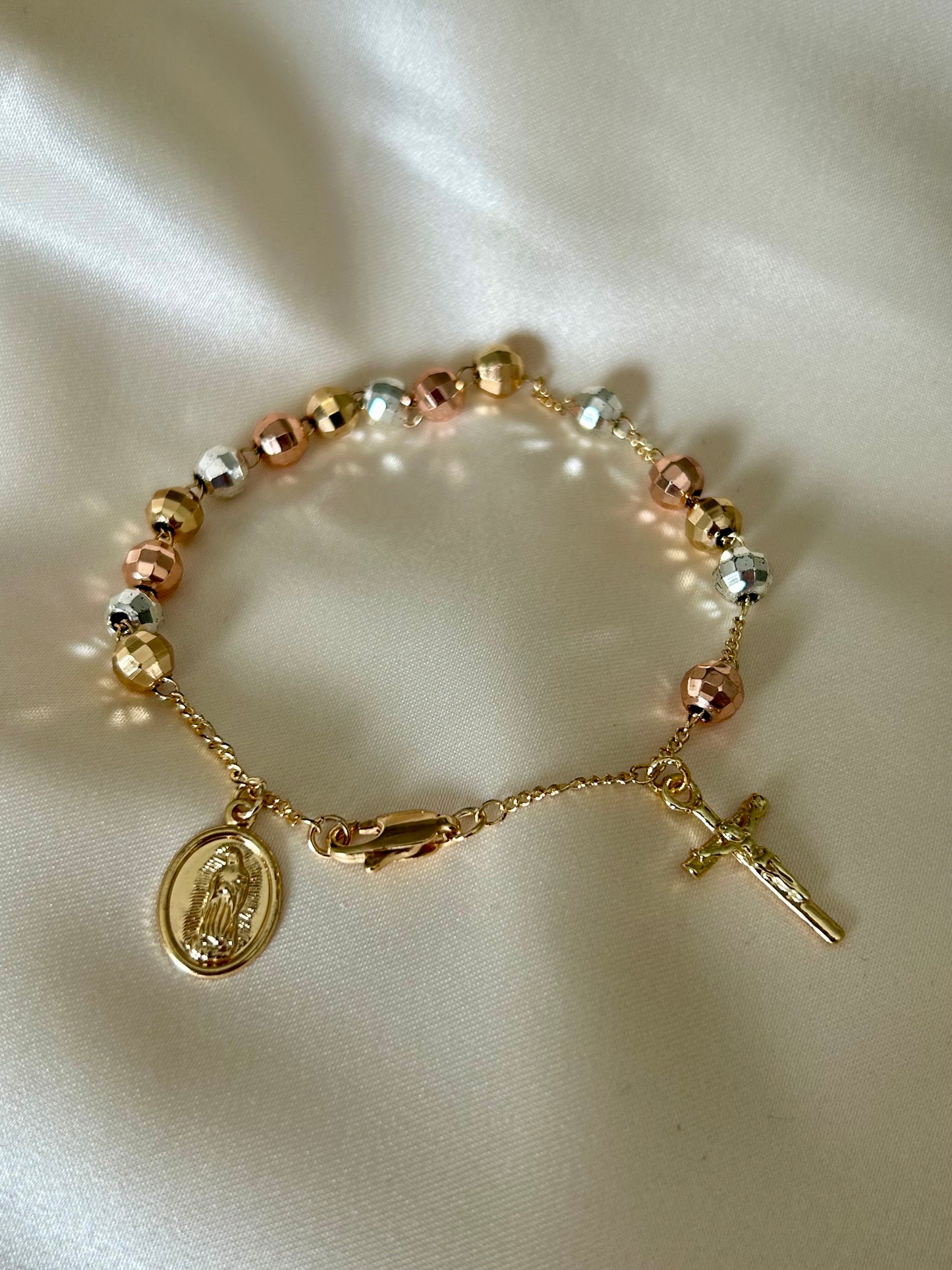 Three Toned Rosary Bracelet with Cross & Mother Mary Charms