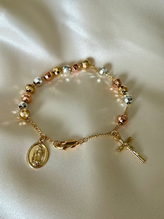 Three Toned Rosary Bracelet with Cross & Mother Mary Charms