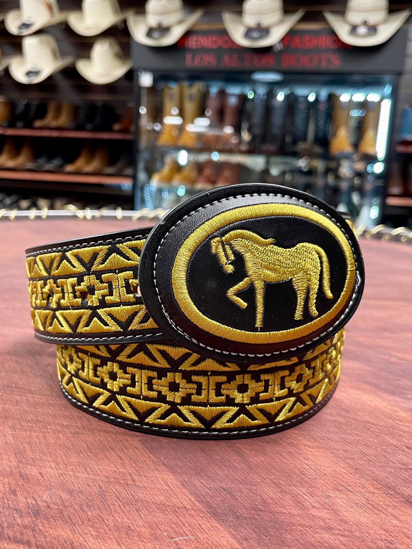 Yellow Embroidered Horse Black Belt