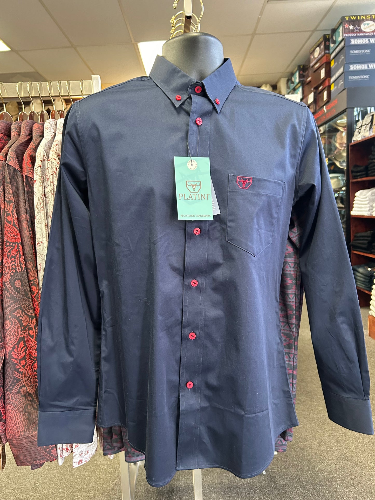 Navy Blue with Red Buttons Dress Shirt