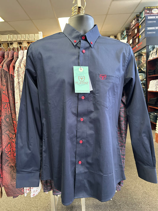 Navy Blue with Red Buttons Dress Shirt