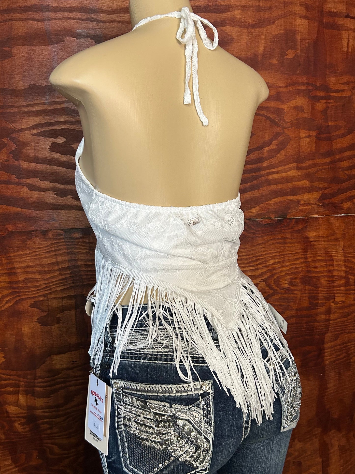 White Lace Fringe Hem Halter Top