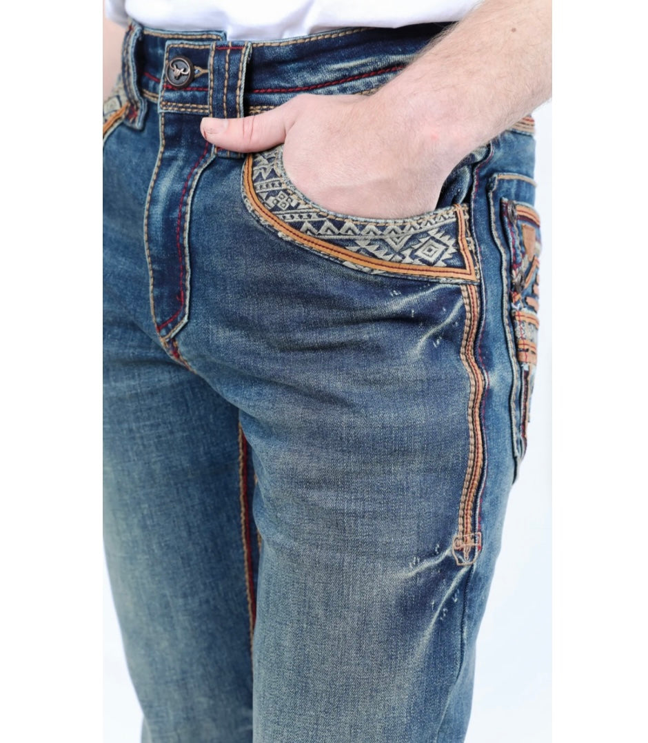 Platini Faded Blue Washed Embroidered Slim Boot-Cut Jeans