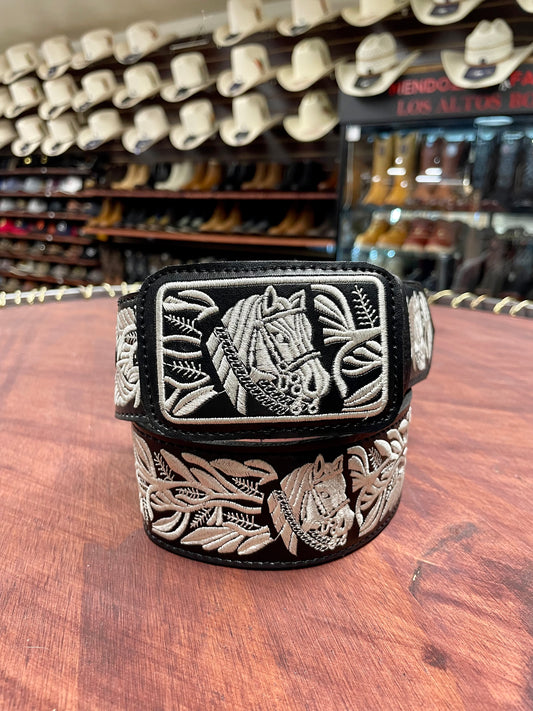 White Embroidered Horse Black Belt