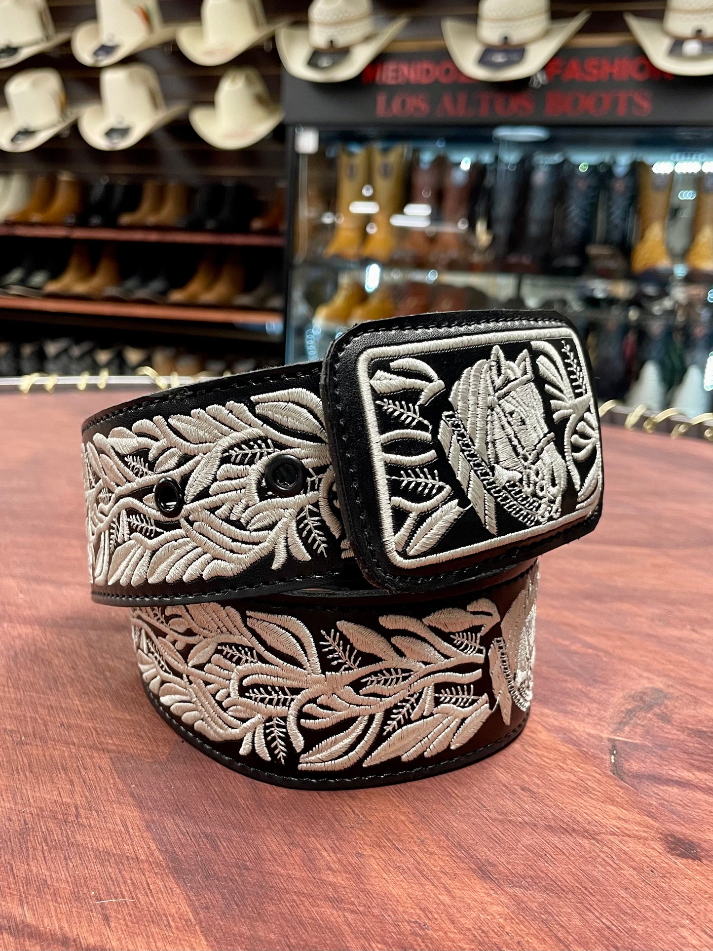 White Embroidered Horse Black Belt