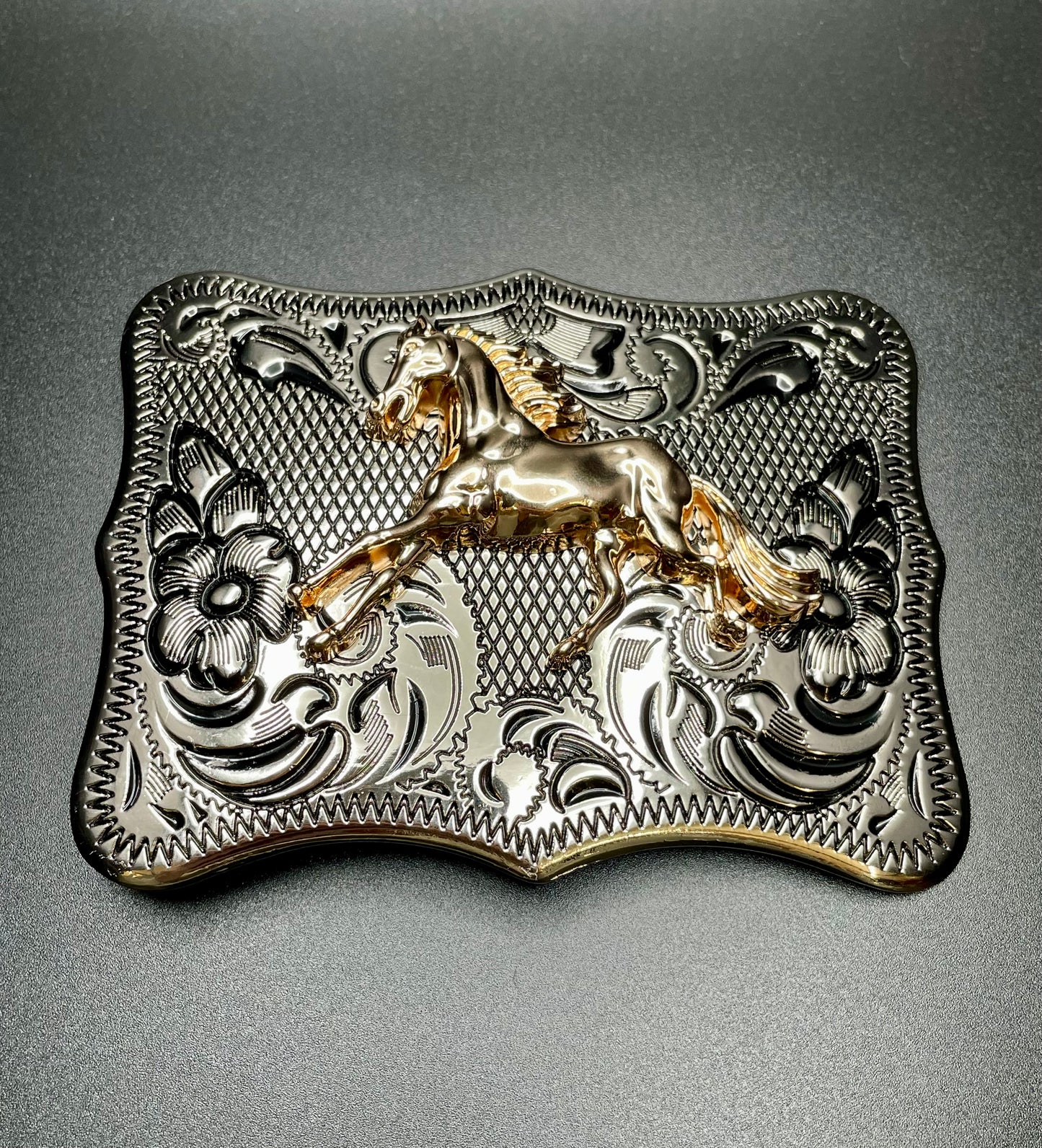 Silver Buckle With Bronze Horse