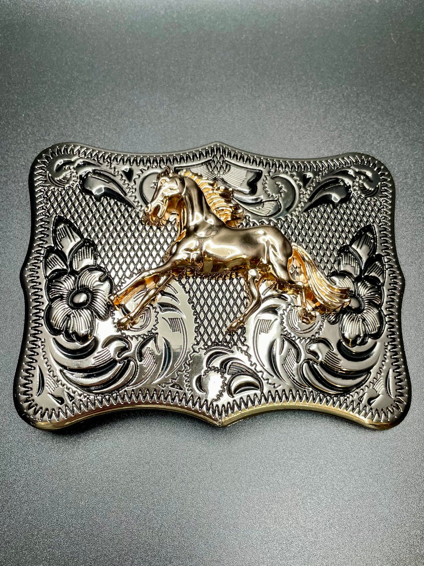 Silver Buckle With Bronze Horse