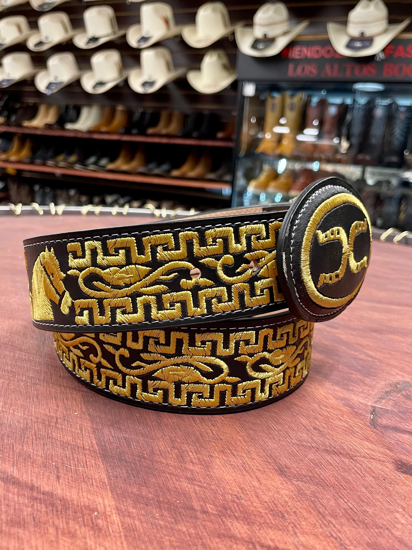 Yellow Embroidered Double Horse Shoe Black Belt