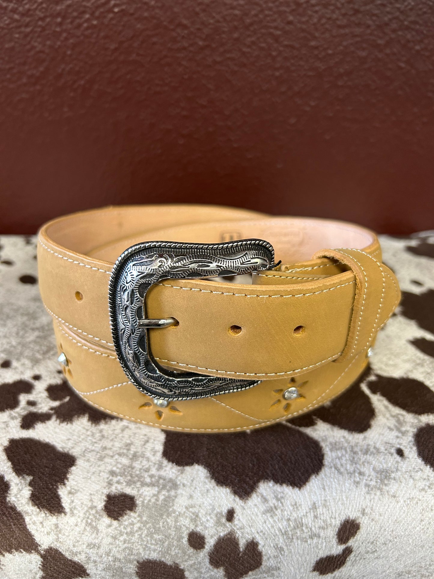 Women’s Tan Belt with Stone Flower Accents