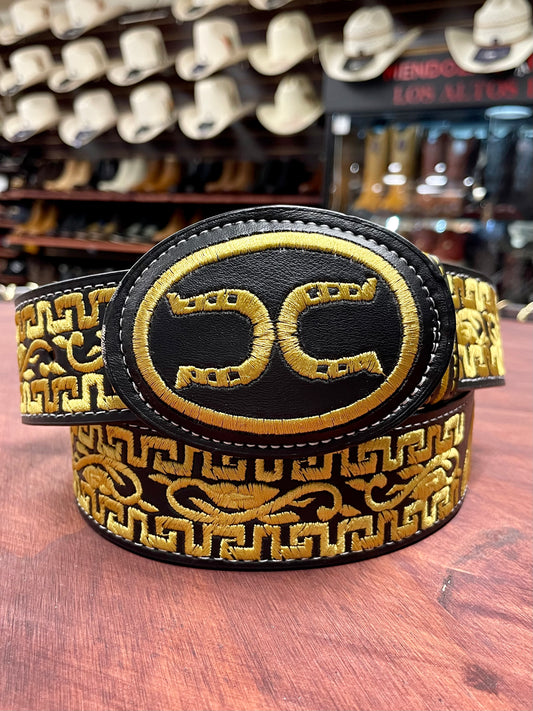 Yellow Embroidered Double Horse Shoe Black Belt