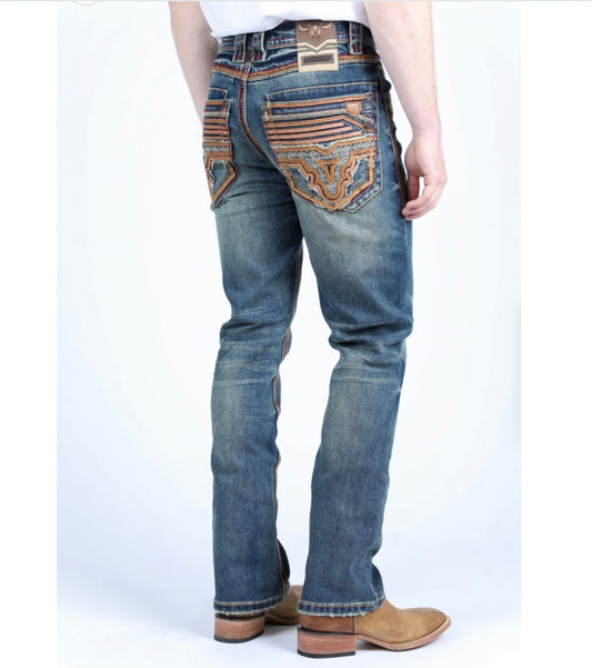 Platini Faded Blue Washed Embroidered Slim Boot-Cut Jeans