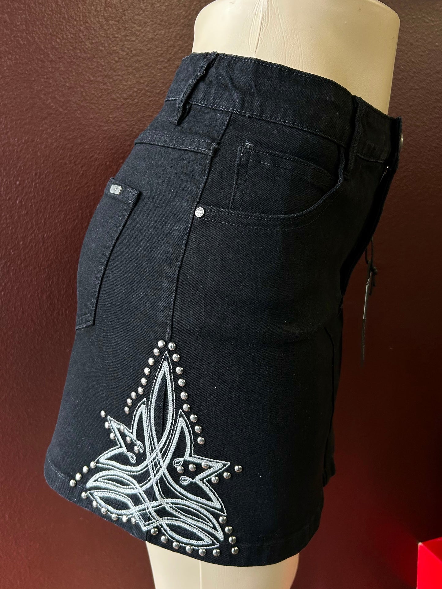 Black Denim Boot Stitch Embroidered Skirt