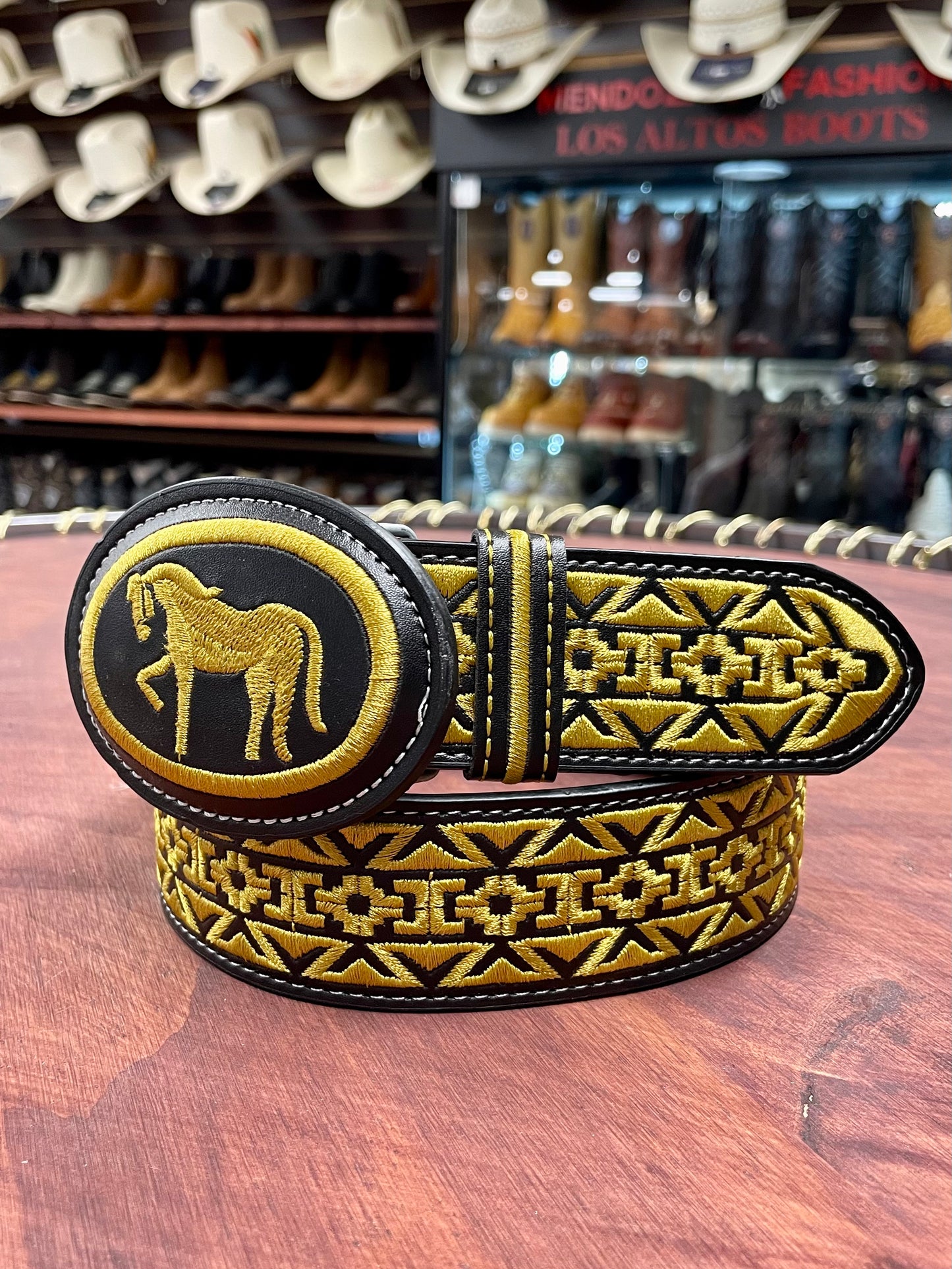 Yellow Embroidered Horse Black Belt