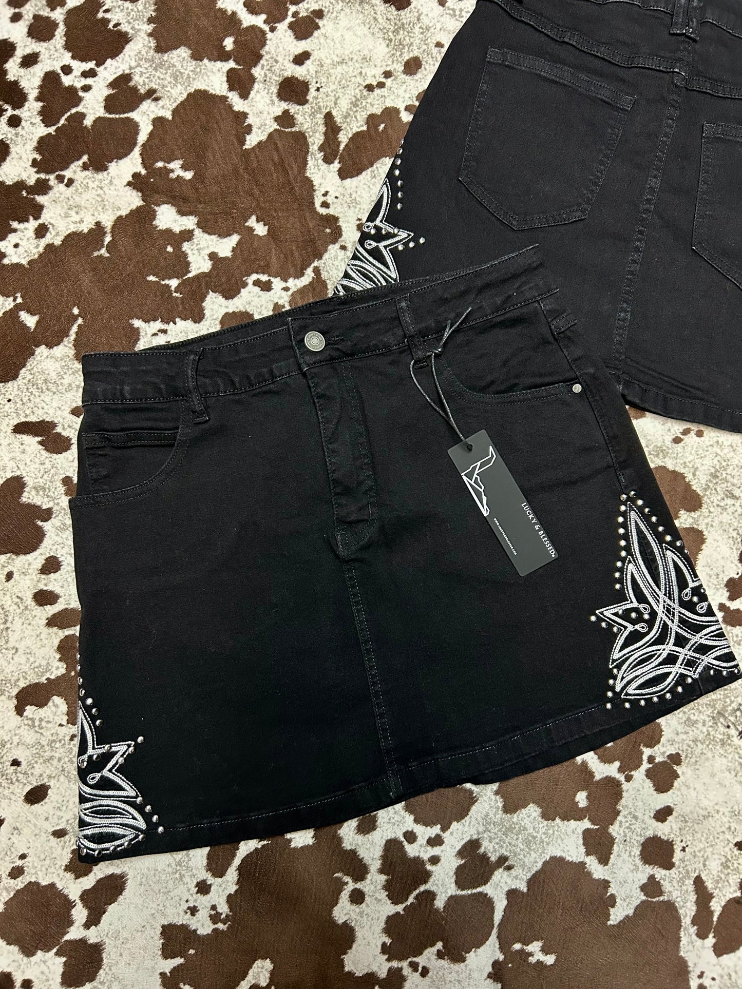 Black Denim Boot Stitch Embroidered Skirt