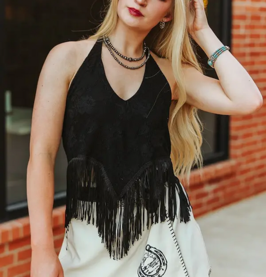 Black Lace Fringe Hem Halter Top