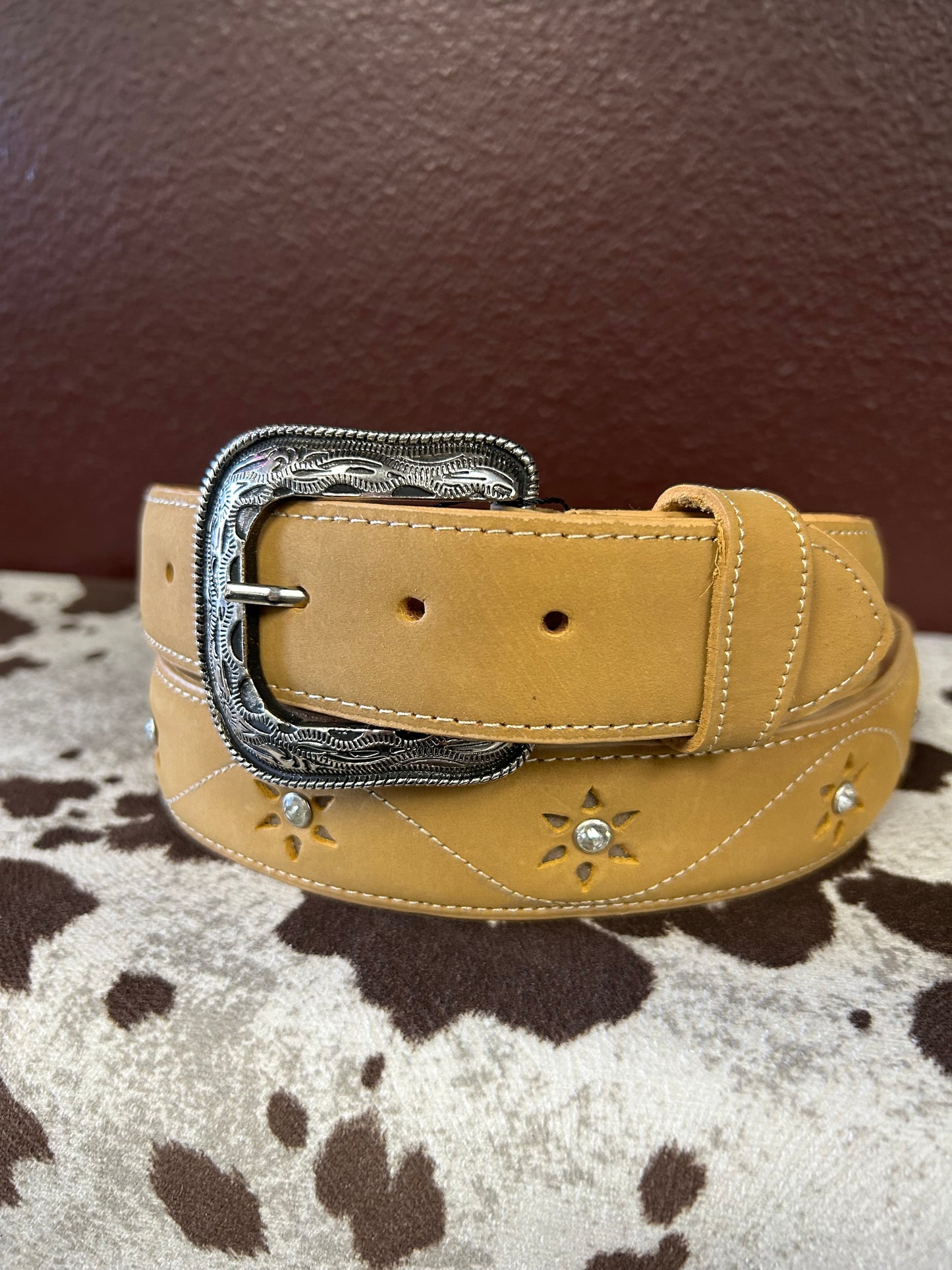 Women’s Tan Belt with Stone Flower Accents