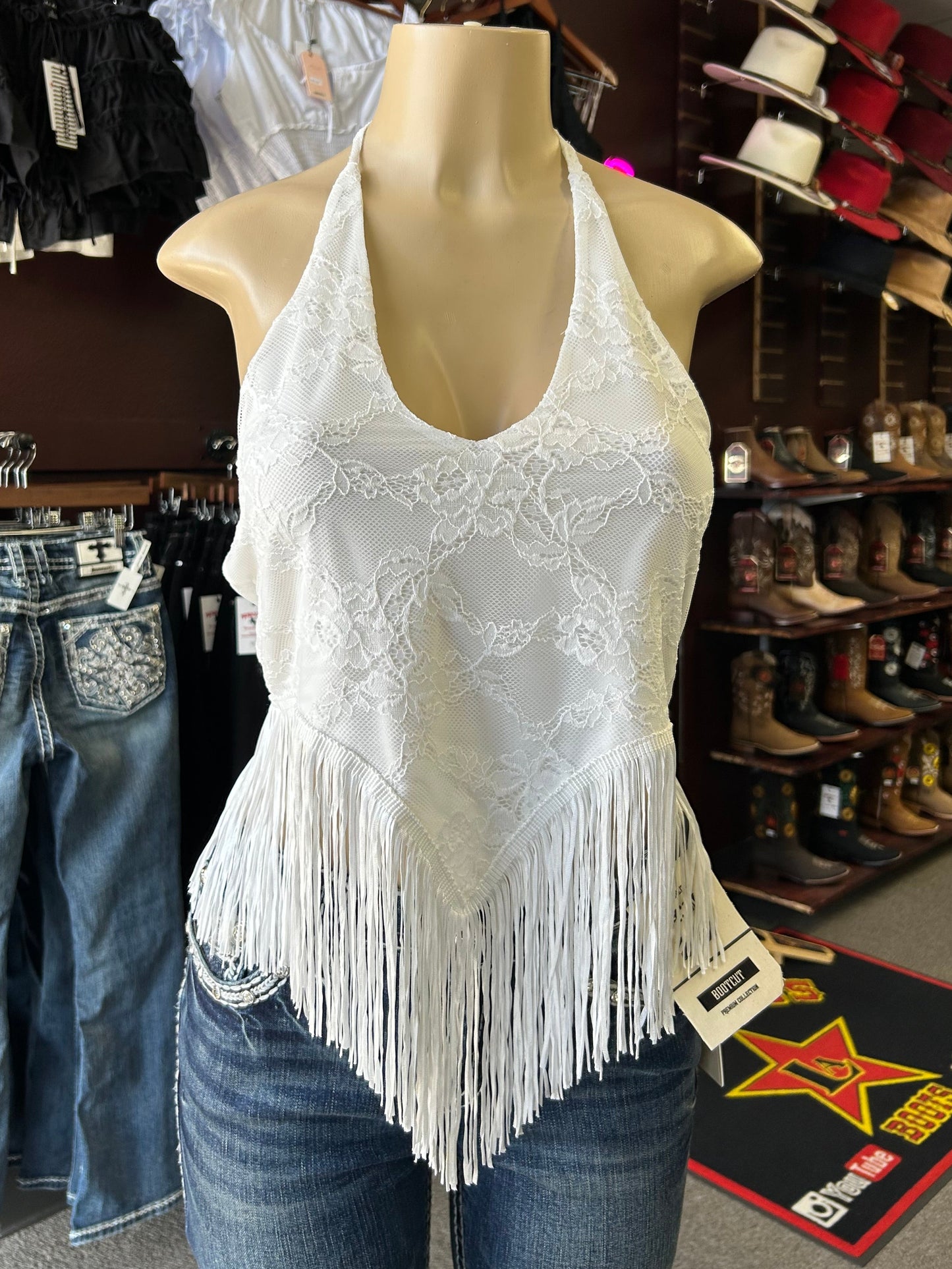 White Lace Fringe Hem Halter Top