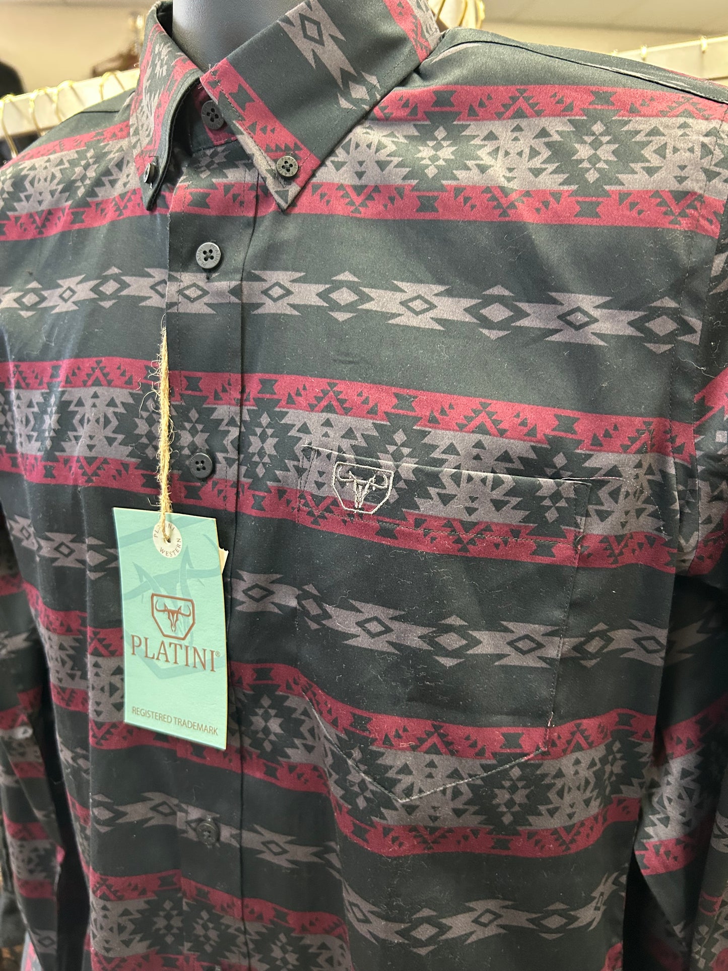 Red with Gray Aztec Print Dress Shirt