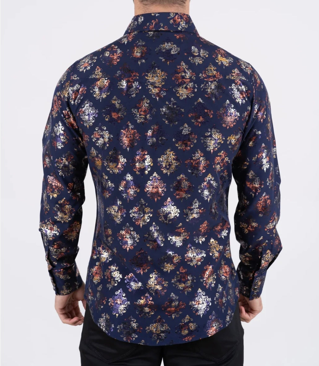 Satin Navy Print Dress Shirt