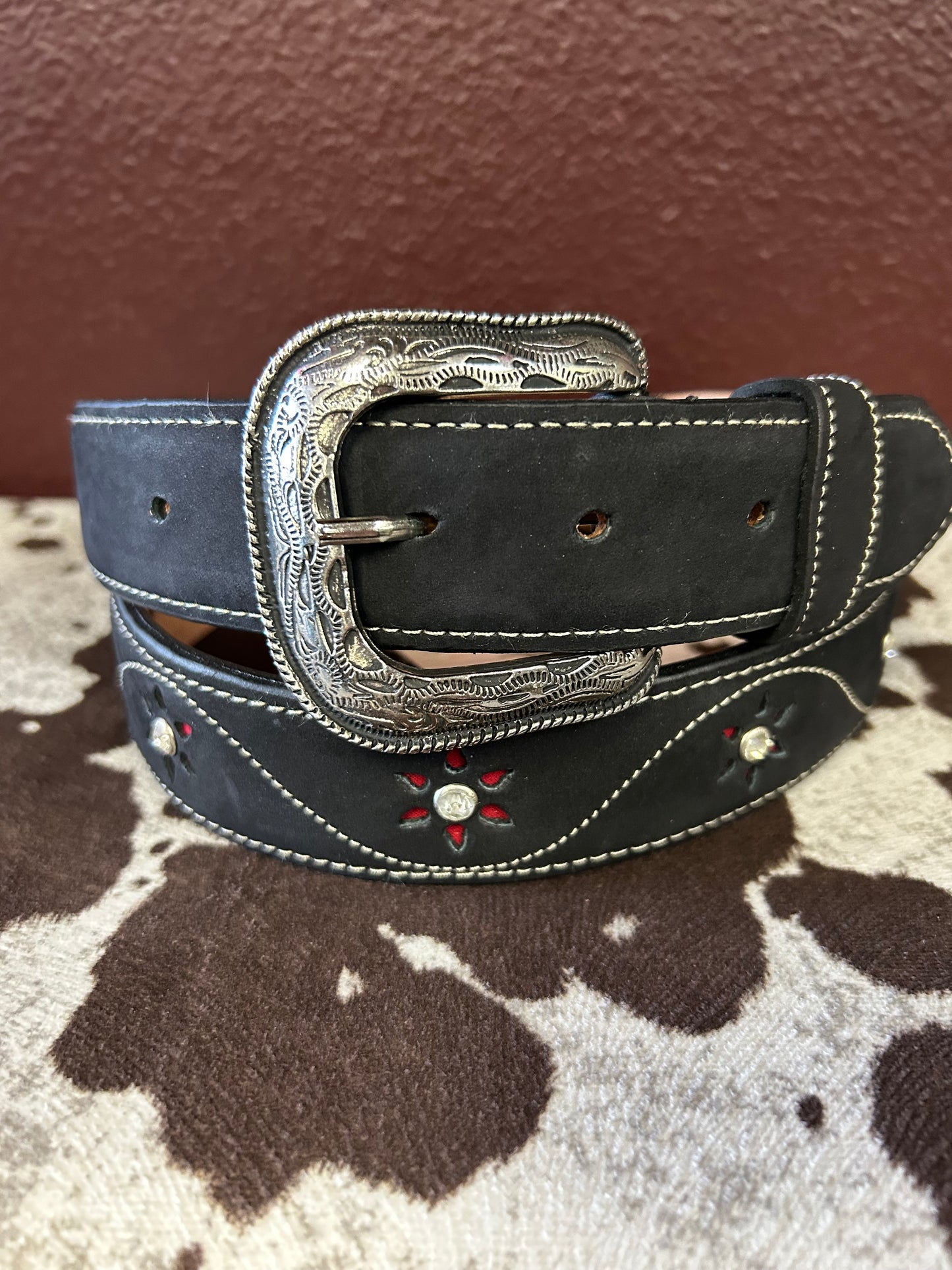 Women’s Black Belt with Red Flower Accents