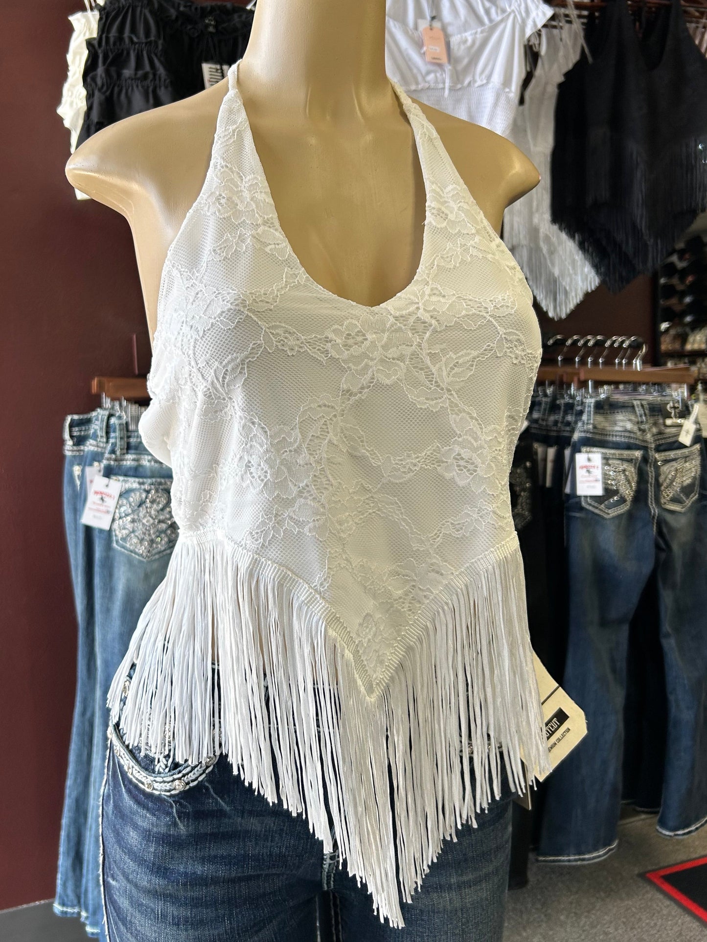 White Lace Fringe Hem Halter Top
