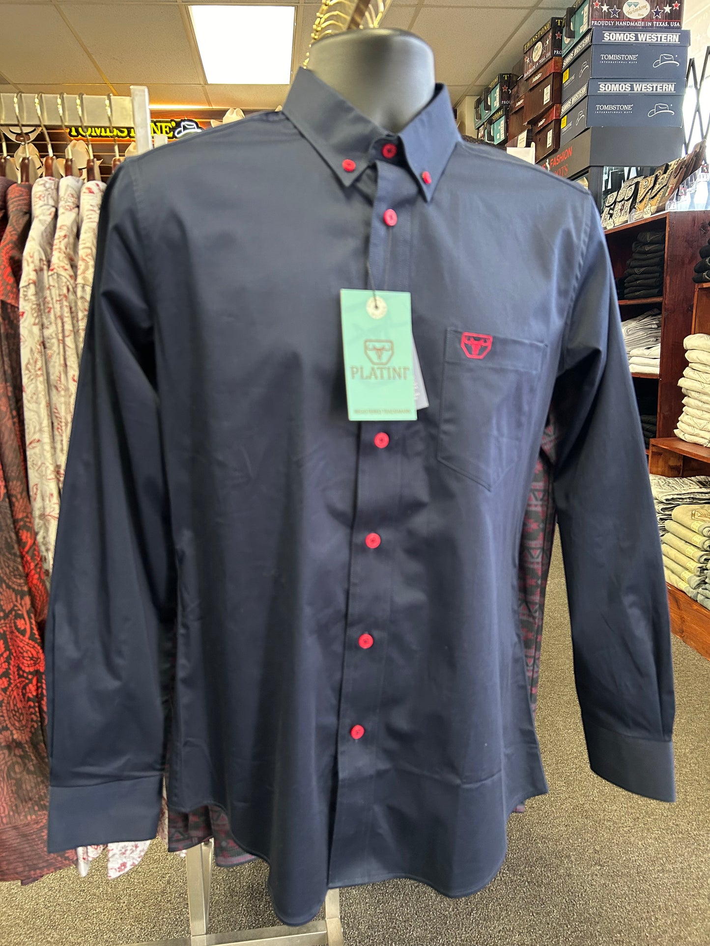 Navy Blue with Red Buttons Dress Shirt