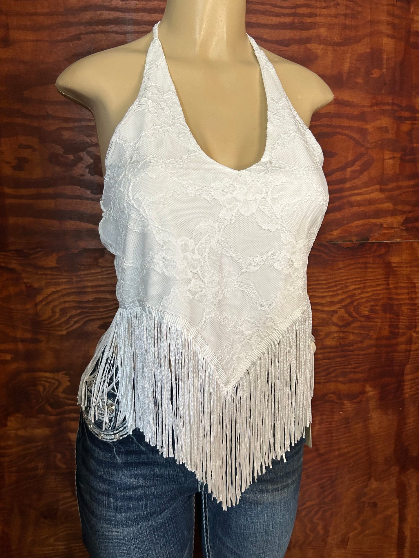 White Lace Fringe Hem Halter Top