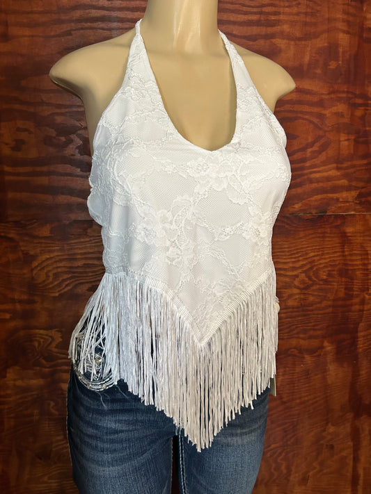 White Lace Fringe Hem Halter Top