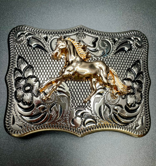 Silver Buckle With Bronze Horse