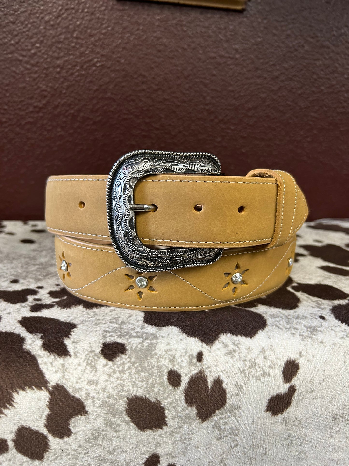 Women’s Tan Belt with Stone Flower Accents