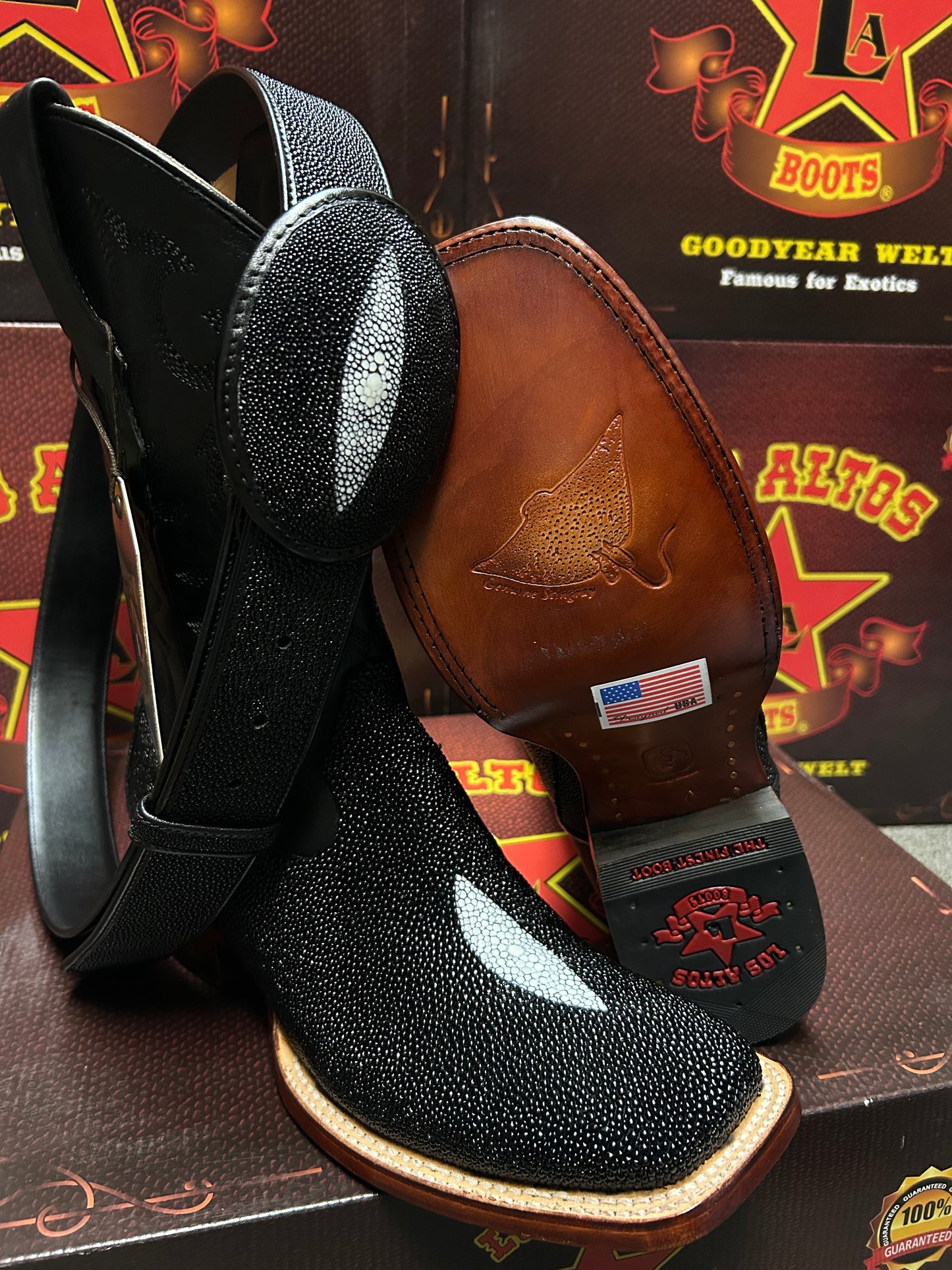 Stingray Single Stone Black Wide Square Toe Boot