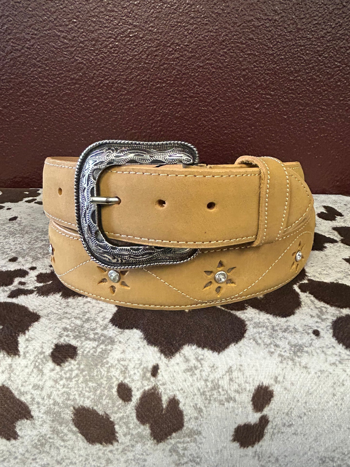 Women’s Tan Belt with Stone Flower Accents